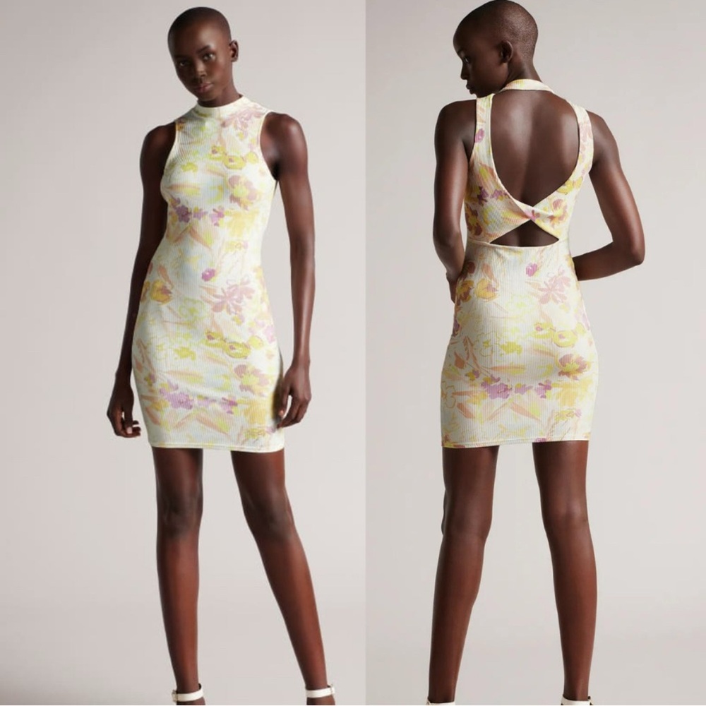 Ted Baker Effi Floral Twist Back size 1 Bodycon Dress with Mock Neck